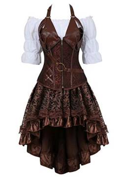 Josamogre Steampunk Corsagenkleid Corsage Kostüm mit asymmetrischer Spitzenrock und Bluse für Karneval Fasching Halloween Braun 3XL von Josamogre