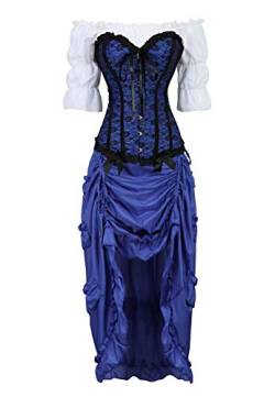 Josamogre Steampunk Corsagenkleid Corsage korsett bustier kleider Kostüm Spitzenrock und Bluse für Karneval Fasching Halloween Blau 3XL von Josamogre