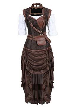 Josamogre Steampunk Corsagenkleid Kunstleder Korsett Corsage Kostüm mit Pirat Spitzenrock und Bluse für Karneval Fasching Halloween Braun 2XL von Josamogre