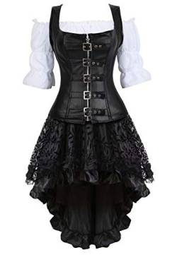 Josamogre Steampunk Corsagenkleid Leder Corsage Kostüm Reißverschluss asymmetrischer Spitzenrock und Bluse für Halloween Schwarz 2XL von Josamogre