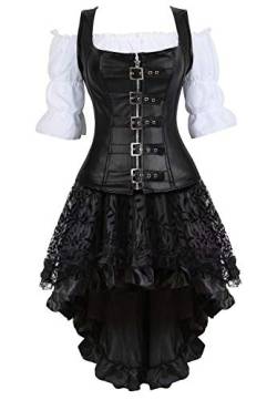 Josamogre Steampunk Corsagenkleid Leder Corsage Kostüm Reißverschluss asymmetrischer Spitzenrock und Bluse für Halloween Schwarz M von Josamogre