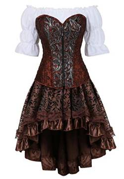 Steampunk corsagenkleid Leder Corsage Kleid Korsett Piraten Rock Kostüm Piraten Spitzenrock und Bluse Halloween Braun 3XL von Josamogre