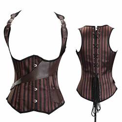 Josamogre Unterbrust Korsett Steampunk Damen Corsage Leder Kunstleder Stahlknochen Mit Strapshalter Piraten Braun 2XL von Josamogre