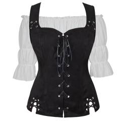 Josamogre Wikinger Kleidung Korsett Damen Pirat Kostüm Renaissance Weste Bluse Set Mittelalter Gothic Steampunk Cosplay Top Schnürung Oktoberfest Schwarz Weiß 3XL von Josamogre