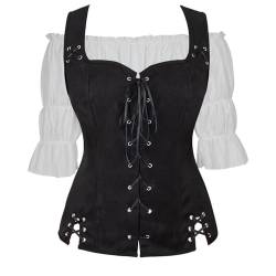 Josamogre Wikinger Kleidung Korsett Damen Pirat Kostüm Renaissance Weste Bluse Set Mittelalter Gothic Steampunk Cosplay Top Schnürung Oktoberfest Schwarz Weiß L von Josamogre