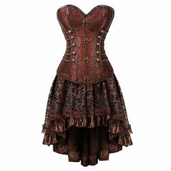 Josamogre corsagenkleid steampunk Korsett Kleid pirat leder Bustier spitze Kostüm burlesque Damen Gothic elegant Vintage Retro Braun L von Josamogre