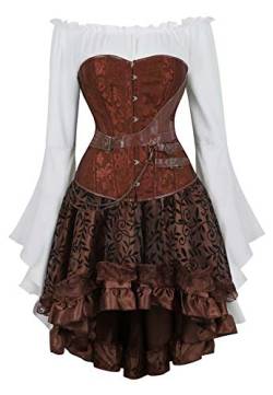 Josamogre steampunk korsett damen 3 teilig corsage kleid rock blusen korsettkleid gothic sexy pirat frauen halloween braun 3XL von Josamogre