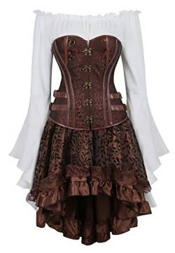 Josamogre steampunk korsett damen corsage kleid rock blusen 3 teilig gothic sexy karneval pirat frauen braun L von Josamogre