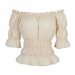 Mittelalter Kleidung Bluse Damen Kostüm Gothic T-Shirt Tops Sommer elegant sexy Vintage RETR Halloween Cosplay Khaki S von Josamogre