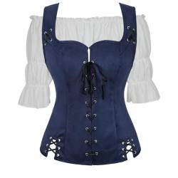 Mittelalter Kleidung Bluse Weste Set Renaissance Korsett Damen Steampunk Pirat Kostüm Retro Costumel Cosplay Top mit Schnürung Oktoberfest Dunkelblau M von Josamogre