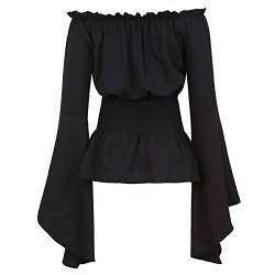 Mittelalter Kleidung Damen Bluse Trompetenärmel Kostüm Gothic T-Shirt Tops elegant sexy Vintage RETR Halloween Cosplay schwarz XL von Josamogre