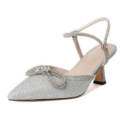 Joseywade Rhinstone Bow Heels Low Kitten Heel Double Bow Pumps Pointed Toe Frauen Slingback Verstellbare Knöchelriemen Schuhe für Hochzeit Braut Brautjungfer, Silberfarben glitzernd, 39 EU von Joseywade