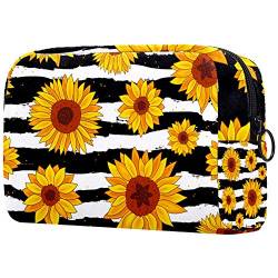 Kosmetiktasche mit Sonnenblumen auf gestreiftem Schwarz-Weiß, leichte tragbare Kosmetiktasche für Damen, Reiseaufbewahrung, Kulturbeutel, Organizer, Outdoor, für Mädchen und Damen von Josidd