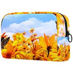 Make-up-Tasche, Motiv: Schmetterlinge auf Sonnenblumen, leicht, tragbar, Kosmetiktasche für Damen, Reiseaufbewahrung, Kulturbeutel, Organizer, Outdoor, für Mädchen und Damen von Josidd