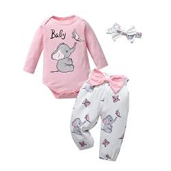 Joureker Neugeborenes Baby Mädchen Kleidung Sets lange Ärmel Elefant Tiermuster gedruckt Strampler + Hosen 3Pcs Outfits, Rosa, 0 Monate von Joureker
