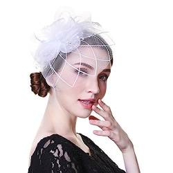Jovono 20er Jahre Blume Spitze Stirnband weißer Schleier Fascinator Hut Braut Cocktail Tee Party Kopfschmuck für Frauen (Weiß) von Jovono