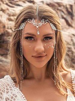 Jovono Boho Kristall Kopfkette Silber Braut Quaste Kopfschmuck Perle Stirnband Festival Haarschmuck für Frauen und Mädchen von Jovono