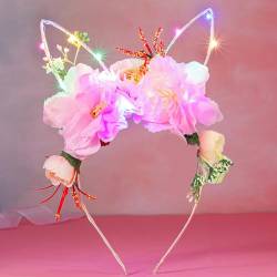 Jovono Leuchtende Osterhasenohren, Blumen-Stirnband, LED-Frühlingswaldblumen-Haarband, Kaninchen-Hochzeitsfeier-Haarschmuck für Frauen (Rosa) von Jovono