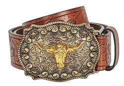 JowTreex Western-Lederschnallengürtel – Cowboy Longhorn Stier Muster Schnalle Gürtel Floral Gravur Schnalle Gürtel für Männer Frauen, braun, 47''/120cm,for 36-43''waist von JowTreex