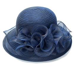 Organza Kirche Fascinator Hochzeit Tee Party Derby Hüte für Frauen Blume Breite Krempe Sonnenhut, Marineblau - Stil 1, M von JowTreex