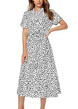 Damen Kleider Boho Kurzarm Freizeit Sommer Strandkleid Elegant Polka Dot Midikleid A-Linie Kleid Blumenkleid BW/XL von Joweechy