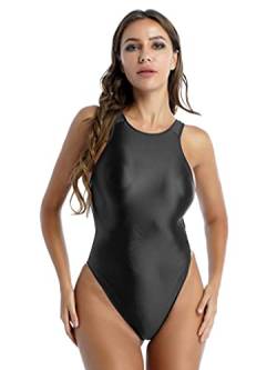 Jowowha Damen Body Overall Einteiler Bodysuit Glossy Rückenfrei Badeanzug High Cut Thong Stringbody Bikini Schwimmanzug A Schwarz XL von Jowowha