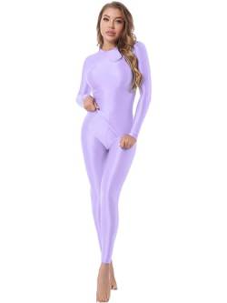 Jowowha Damen Body Overall Nylon Strumpfhose Einteiler Jumpsuit Langarm Ganzanzug Ballett Trikotanzug Hose Tight Leggings A Lavendel Shirt+Hose X XL von Jowowha