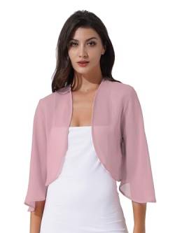 Jowowha Damen Bolero Chiffon Jacke Festlich Kurz Cardigan Tops 3/4 Ärmel Chiffon Strickjacke für Hochzeit Abendkleid Cocktail Partykleid S-4XL A Dunkel Rosa XXL von Jowowha