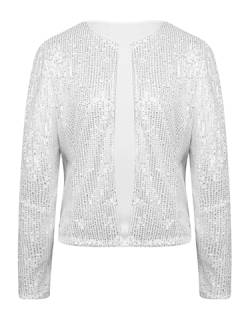 Jowowha Damen Bolero Jacke Pailletten Langarm Schulterjacke Mantel Festlich Cardigan Tops für Hochzeit Cocktail Partykleid A Silber XL von Jowowha