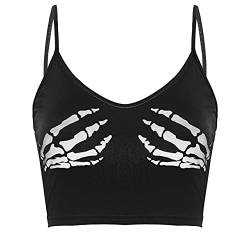 Jowowha Damen Crop Tops Ärmellos Shirt Unterhemd Trägertop mit Skelett Hände Druck Leibchen Tank Top Bauchfrei Oberteile Weste A Schwarz M von Jowowha