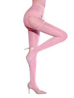 Jowowha Damen Strumpfhose Transparent Spitze Leggings mit Nylonstrümpfe Strapsstrumpfhose Stockings Dessous Unterwäsche C Rosa Einheitsgröße von Jowowha