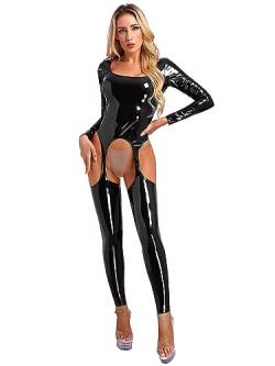 Jowowha Damen Wetlook Jumpsuit Ouvert Body Overall Lack Leder Ganzkörperanzug Metallic Catsuit Ouvert Hose Leggings GOGO Clubwear A Schwarz S von Jowowha