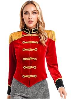 Jowowha Damen Zirkus Kostüm Zirkusdirektorin Uniform Samt Langarm Frack Jacke Blazer Mantel Ringmaster Weihnachten Karneval Show Kostüm A Rot 3XL von Jowowha