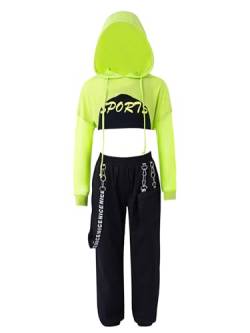 Jowowha Kinder Hip Hop Kleidung Mädchen Langarmshirt Crop Tops + Sport BH Bustier + Cargohose Streetwear Jazz Tanzkleidung Gr.98-176 A Minzgrün 134-140 von Jowowha