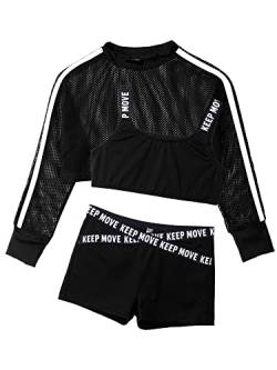 Jowowha Kinder Hip Hop Kleidung Mädchen Langarmshirt Crop Tops + Sport BH Bustier + Sport Shorts Streetwear Jazz Tanzkleidung A Schwarz A 134-140 von Jowowha