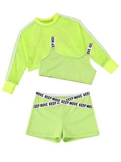 Jowowha Kinder Hip Hop Kleidung Mädchen Langarmshirt Crop Tops + Sport BH Bustier + Sport Shorts Streetwear Jazz Tanzkleidung Aa Fluorescent Grün 122-128 von Jowowha