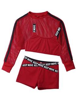 Jowowha Kinder Hip Hop Kleidung Mädchen Langarmshirt Crop Tops + Sport BH Bustier + Sport Shorts Streetwear Jazz Tanzkleidung Aa Rot 110-116 von Jowowha