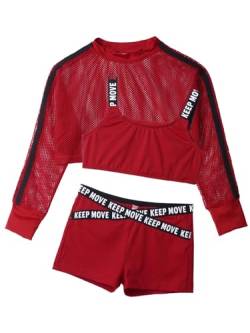 Jowowha Kinder Hip Hop Kleidung Mädchen Langarmshirt Crop Tops + Sport BH Bustier + Sport Shorts Streetwear Jazz Tanzkleidung Aa Rot 134-140 von Jowowha