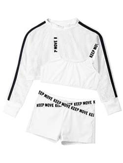 Jowowha Kinder Hip Hop Kleidung Mädchen Langarmshirt Crop Tops + Sport BH Bustier + Sport Shorts Streetwear Jazz Tanzkleidung Aa Weiß 110-116 von Jowowha