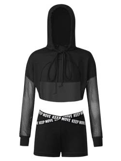 Jowowha Kinder Hip Hop Kleidung Mädchen Langarmshirt Crop Tops + Sport BH Bustier + Sport Shorts Streetwear Jazz Tanzkleidung D Schwarz 146-152 von Jowowha