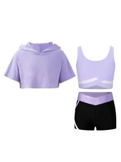 Jowowha Kinder Hip Hop Kleidung Mädchen Langarmshirt Crop Tops + Sport BH Bustier + Sport Shorts Streetwear Jazz Tanzkleidung E Hell Lila A 134-140 von Jowowha