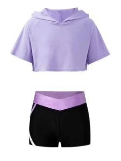 Jowowha Kinder Hip Hop Kleidung Mädchen Langarmshirt Crop Tops + Sport BH Bustier + Sport Shorts Streetwear Jazz Tanzkleidung H Lavendel Ohne BH 134-140 von Jowowha