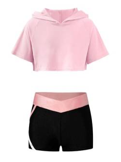 Jowowha Kinder Hip Hop Kleidung Mädchen Langarmshirt Crop Tops + Sport BH Bustier + Sport Shorts Streetwear Jazz Tanzkleidung H Rosa Ohne BH 146-152 von Jowowha