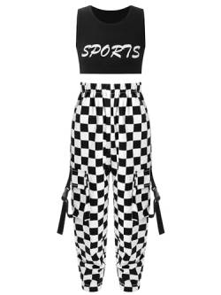 Jowowha Kinder Hip Hop Kleidung Mädchen Sport BH Bustier Crop Tops + Cargohose Jazz Tanzkleidung Streetwear Gr.98-176 A Schwarz A 122-128 von Jowowha