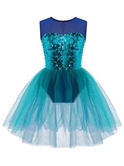 Jowowha Kinder Mädchen Ballettkleid Pailletten Kleid Ballett Trikot Ballettanzug mit Tutu Rock Ballerina Latein Tanzkleid C Meerjungfrau Grün 134-140 von Jowowha