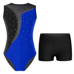 Jowowha Kinder Mädchen Turnanzug Gymnastik Trikot Ärmellos Strass Body mit Shorts Gymnastik Eislaufen Training Performance Tanzkostüm B Royal Blau&Schwarz 158-164 von Jowowha