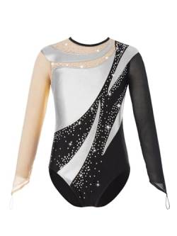 Jowowha Kinder Turnanzug Gymnastikanzug Mädchen Leotard Langarm Gymnastik Trikot Ballett Tanzbody mit Strass Eiskunstlauf Tanzkostüm Gr.110-176 A Silber A 146-152 von Jowowha