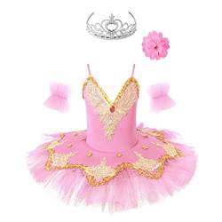 Jowowha Mädchen Ballettkleid Prinzessin Tutu Kleid Pailletten Kleid+Handschuhe+Haarband Kinder Ballett Trikot Leotard Ballerina Eiskunstlauf Tanzkleid A Rosa 122-128 von Jowowha