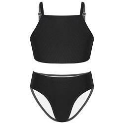 Jowowha Mädchen Bikini Badeanzug Zweiteiler Bademode Crop Tops mit Badehose Teenager Bikini Tankini Set Sommer Badebekleidung A Schwarz 146-152 von Jowowha