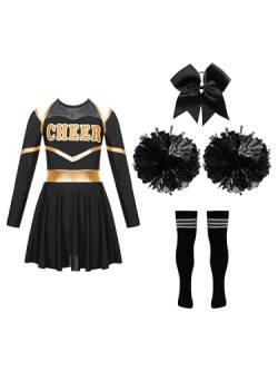 Jowowha Mädchen Cheer Leader Cheerleading Kostüm Langarm Crop Tops mit Rock Pompoms Socken Halloween Kostüm Karneval Fasching Party A Schwarz&Weiß A 110-116 von Jowowha